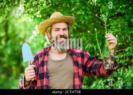 ouvrier botanique. Truelle creusant le sol. Outils de jardin. Semences et sol. Printemps dans le jardin. Agriculteur donnant de l'engrais. Le jardinier qui creuse dans le jardin. Travaillez avec une truelle de jardin. Jardinier d'homme mature. Banque D'Images