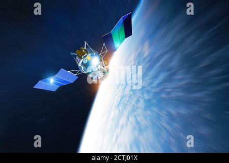 Les rushes de satellite spatial survolent dans l'orbite de la Terre à grande vitesse, les lumières du soleil réfléchis des panneaux solaires. Éléments de cette image fournis b Banque D'Images
