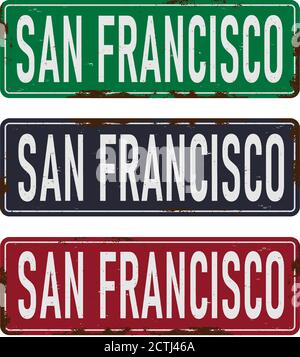 Collection vintage TiN Sign San Francisco. Souvenirs rétro ou modèles de cartes postales sur fond vintage. Illustration de Vecteur