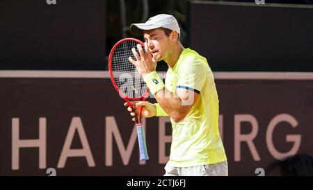 Hambourg, Allemagne. 23 septembre 2020. Circuit ATP de tennis - Hamburg European Open, singles, men, tour de seize dans le stade de Rothenbaum. Baustista Agut (Espagne) - Koepfer (Allemagne). Dominik Koepfer réagit. Credit: Daniel Bockwoldt/dpa/Alay Live News Banque D'Images