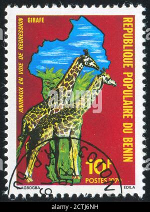 BÉNIN - VERS 1979: Timbre imprimé par le Bénin, montre girafe, vers 1979. Banque D'Images