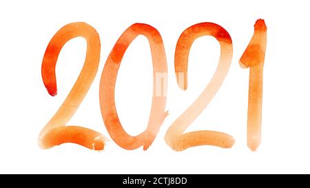 Nouvel an 2021 - lettrage aquarelle Orange dessiné à la main Banque D'Images