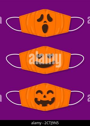 Ensemble de motifs bouche réutilisable enfants masques drôles avec halloween citrouille 2 Illustration de Vecteur