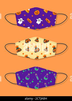Ensemble de motifs bouche réutilisable pour enfants masques drôles avec halloween sans couture avec bonbons, fantôme et potiron Illustration de Vecteur