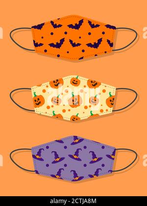 Ensemble de motifs bouche réutilisable pour enfants masques drôles avec motif Halloween sans couture avec chauve-souris, citrouille et chapeau de sorcière Illustration de Vecteur