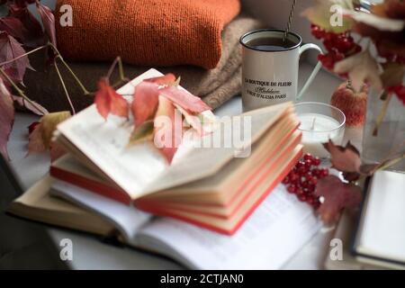 Une tasse de café en fer avec une cuillère sur le rebord de la fenêtre au milieu d'un vase avec des branches et des baies de viburnum, un chandail, un livre ouvert et une bougie. Photo pour Banque D'Images