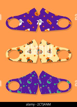 Ensemble de motifs bouche réutilisable enfants masques drôles avec halloween sans couture avec bonbons, fantôme et citrouille Illustration de Vecteur