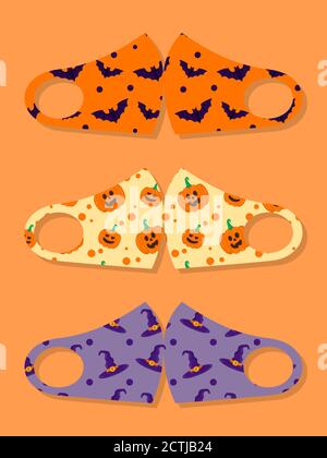 Ensemble de motifs bouche réutilisable pour enfants masques amusants avec motif Halloween sans couture avec chauve-souris, citrouille et chapeau de sorcière Illustration de Vecteur