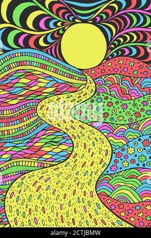 Paysage psychédélique. Œuvres d'art tripgeuses colorées avec art de la ligne chemin dans les prés et les vagues. Illustration du bord de mer. Dessin Doodle. Illustration vectorielle Illustration de Vecteur
