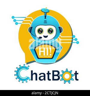 Logo plat de l'assistant robot Chatbot. Aide Internet dans la bulle de la parole. Concept de réseau d'intelligence artificielle, centre d'appels en ligne, client virtuel Illustration de Vecteur