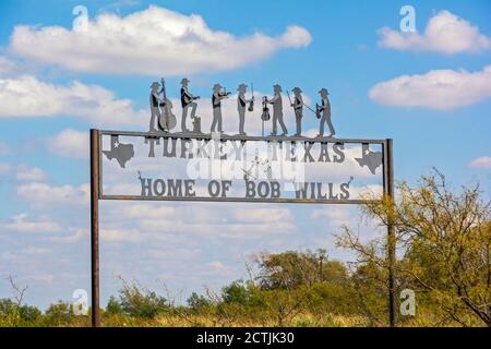 Texas, Hall County, Turquie, domicile de Bob Wills, panneau de bienvenue Banque D'Images