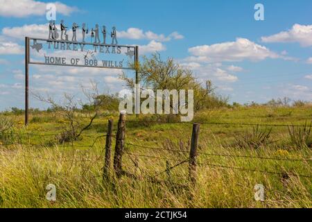 Texas, Hall County, Turquie, domicile de Bob Wills, panneau de bienvenue Banque D'Images