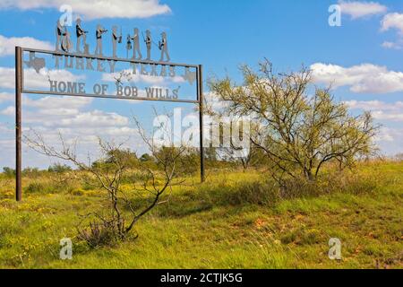 Texas, Hall County, Turquie, domicile de Bob Wills, panneau de bienvenue Banque D'Images