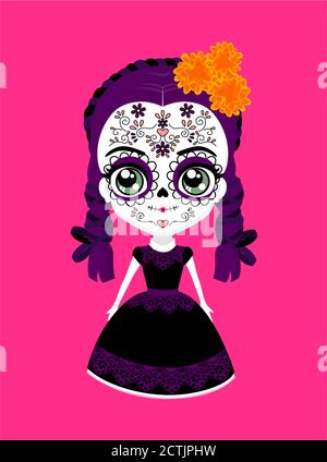 jolie poupée mexicaine de catrina avec un crâne de sucre traditionnel pour la fête de dia de muertos et les fleurs de cempasuchil (aztec marigold). isolé sur pi Illustration de Vecteur