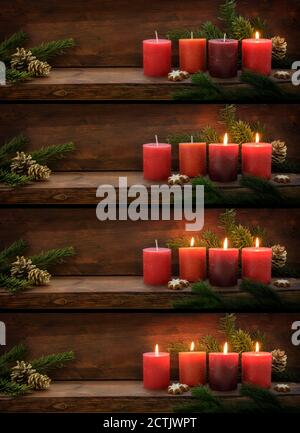 Collection de quatre images panoramiques de bougies de l'Avent rouges allumées l'une après l'autre, branches de sapin et décoration de Noël sur un dos en bois sombre Banque D'Images