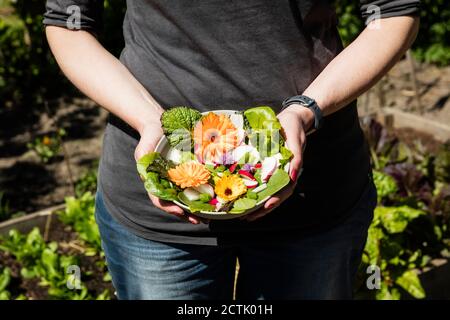 Gros plan de la femme tenant une assiette avec de la laitue et des fleurs comestibles Banque D'Images