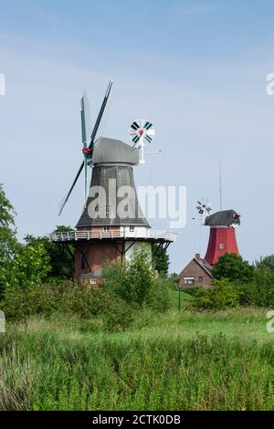 Allemagne, Basse-Saxe, Krummhorn, moulins à vent historiques à Greetsiel Banque D'Images