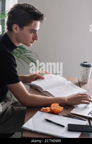 Beau élève de sexe masculin utilisant un ordinateur portable pour faire ses devoirs à table Banque D'Images