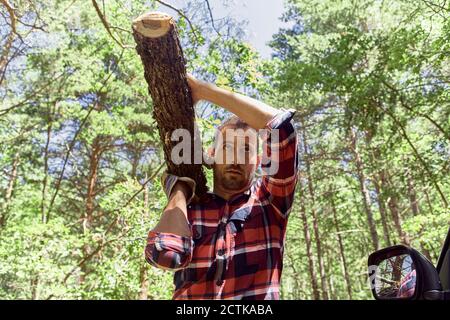 Bûcheron portant une bûche sur l'épaule en forêt Banque D'Images