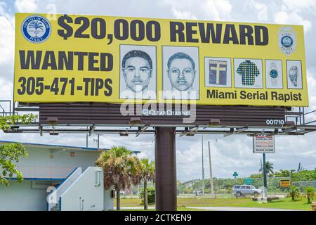 Miami Florida, affiche panneau d'affichage série violeur recherché, crime criminel croquis ressemblance récompense offerte, Banque D'Images