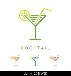 Icônes colorées en verre à cocktail avec symboles citron et paille. Logo minimal pour boissons. Illustration de Vecteur