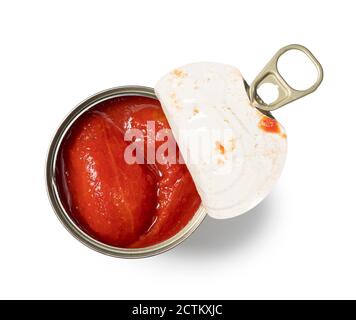 Boîtes de tomates entières sur fond blanc Banque D'Images