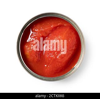 Boîtes de tomates entières sur fond blanc Banque D'Images