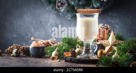 Cocktail alcoolique Eggnog de Noël ou du nouvel an - boisson chaude d'hiver avec lait, œufs et rhum, saupoudrée de cannelle et de muscade dans un verre sur fond gris Banque D'Images