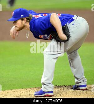 Pittsburgh, États-Unis. 23 septembre 2020. Le pichet de secours des Chicago Cubs Craig Kimrel (46) prend sa position avant de lancer le huitième repas de la victoire des Pittsburgh Pirates 2-1 au PNC Park le mercredi 23 septembre 2020 à Pittsburgh. Photo par Archie Carpenter/UPI crédit: UPI/Alay Live News Banque D'Images