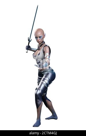 Femme Archer Elf caucasien avec noeud et flèche sur fond blanc isolé, illustration 3D, rendu 3D Banque D'Images