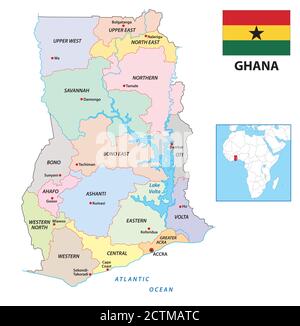 Nouvelle carte vectorielle administrative du Ghana avec drapeau, 2019 Illustration de Vecteur