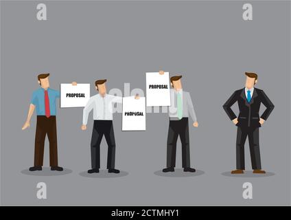 Groupe d'employés présentant des propositions au responsable. Illustration vectorielle de dessin animé sur le concept de présentation de l'entreprise et de la proposition isolée sur fond gris Illustration de Vecteur