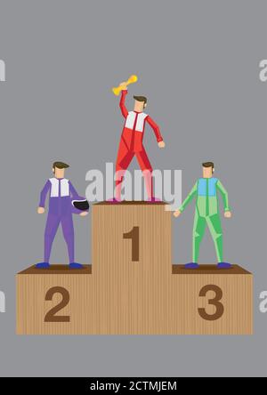 Illustration vectorielle de trois gagnants de courses automobiles debout sur un podium à trois niveaux isolé sur fond gris. Illustration de Vecteur