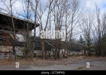 Un stade de football abandonné à Pripyat. Surcultivé avec des arbres ruines du stade. Banque D'Images