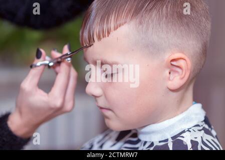 Mignon jeune garçon d'école caucasien obtenir une coupe de cheveux au salon de coiffure.le garçon a fermé ses yeux. Banque D'Images