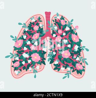 Schéma floral convivial des poumons humains sains. Santé du système respiratoire - diagramme médical avec fleurs Illustration de Vecteur