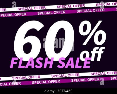 Solde Flash, offre spéciale 60 % de réduction. Ruban adhésif et texte sur fond noir. Vendredi noir. Conception pour les articles promotionnels, les coupons et les cartes-cadeaux. V Illustration de Vecteur