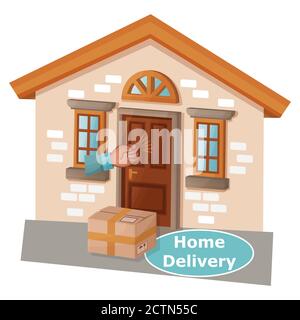 Vecteur de service de livraison à domicile. Commande en ligne. Boîte à colis au seuil de la maison, coup de main. Expédition express sécurisée des marchandises à partir du magasin Illustration de Vecteur
