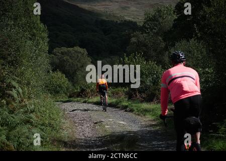 Cyclistes aux couleurs vives qui profitent du vélo de gravier dans le parc forestier de Galloway, en Écosse Banque D'Images