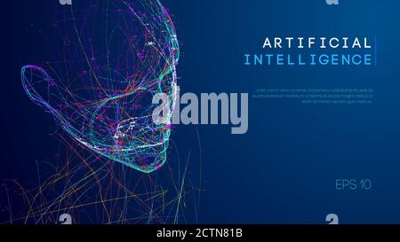 Ai cerveau numérique. Concept d'intelligence artificielle. Tête humaine dans l'interprétation de l'ordinateur numérique robot. Concept de la tête de fer. Illustration de Vecteur