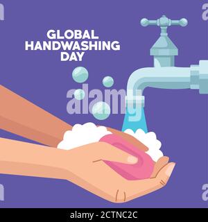 journée mondiale de lavage des mains avec les mains utilisant le savon et motif vectoriel de robinet d'eau Illustration de Vecteur