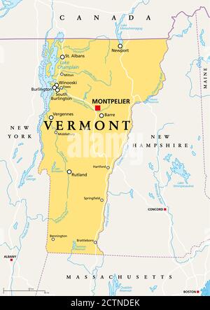 Vermont, VT, carte politique avec la capitale Montpelier, frontières, villes, rivières et lacs. État du nord-est dans la région de la Nouvelle-Angleterre des États-Unis. Banque D'Images