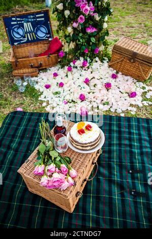 Grand angle de gâteau sucré et bouteille de vin arrangé avec des lunettes de vin et bouquet de fleurs sur panier en osier pelouse verte pour pique-nique d'été Banque D'Images