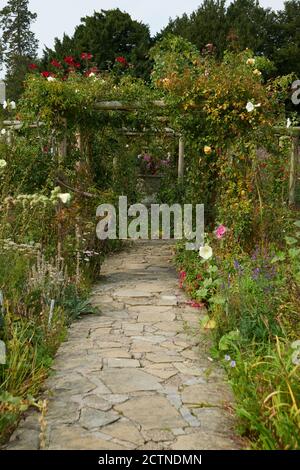 Un chemin fait de pavage fou menant à travers une rose jardin d'arche en été Banque D'Images