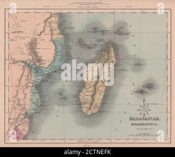 Canal Madagascar et Mozambique. La Réunion et Maurice. Zanzibar. CARTE HUGHES 1876 Banque D'Images