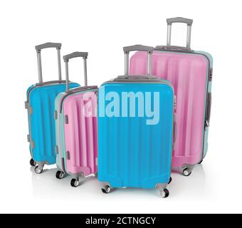 Valises multicolores isolées sur blanc Banque D'Images
