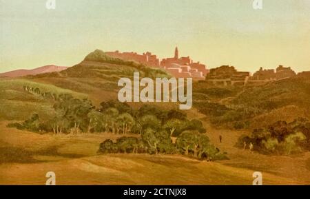 Illustration colorée Bethlehem Cityscape of du livre Palestine Illustrated by Sir Richard Temple, 1st Baronet, GCSI, CIE, PC, FRS (8 mars 1826 – 15 mars 1902) était administrateur en Inde britannique et homme politique britannique. Publié à Londres par W.H. Allen & Co. En 1888 Banque D'Images