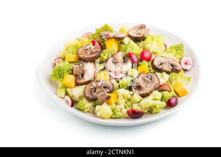 Salade végétarienne de chou romanesco, champignons, canneberge, avocat et citrouille isolée sur fond blanc. Vue latérale, gros plan Banque D'Images