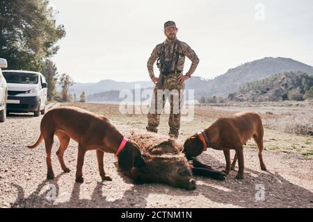 Joyeux homme chasseur dans un costume de camouflage traînant tué sauvage sanglier vers la voiture après la chasse Banque D'Images