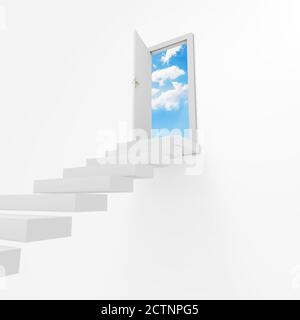 Escalier et porte ouverte menant au ciel, fond blanc Banque D'Images